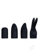 Tiny Treasures Silicone Vibrator with Attachments Black silicone caps for versatile clitoral stimulation.