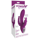 Power Bunnies Quivers 10x Rabbit Vibrator Violet packaging featuring dual motors for stimulation.