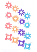 Foil Pack Textured Cock Ring Assorted Colors in various bright colors arranged on a white background.
