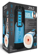 ZOLO Blowbot Full Shaft Male Blowjob Masturbator Blue/Black packaging with features and specifications displayed.