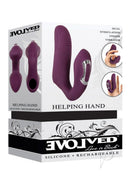 Helping Hand Silicone Rechargeable Finger Vibrator Purple packaging showing dual stimulation features and design.
