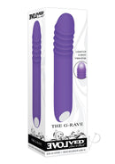 The G Rave Silicone G-Spot Light-Up Vibrator Purple in packaging with ribbed textures and light-up accents.