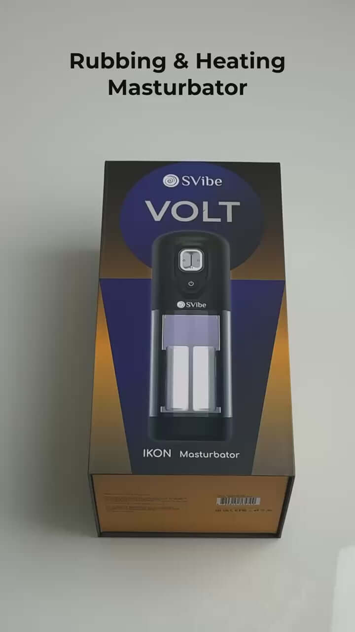SVibe Ikon Volt Masturbator packaging showcasing rubbing and heating features for ultimate pleasure.