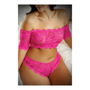 Hypnotized Lace Crop Top & Panty Queen Size in vibrant pink lace with off-shoulder silhouette showcasing curves.