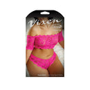 Hypnotized Lace Crop Top & Panty Queen Size in vibrant pink lace, featuring off-shoulder design and delicate scalloped edges.