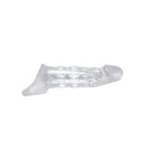 Renegade Power Extension 2 Inch Penis Sleeve Clear displayed, featuring a ribbed texture and clear finish for enhanced sensation.