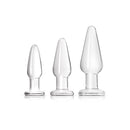 NS Novelties Crystal Tapered Glass Anal Plug Kit Clear showcasing three glass anal plugs in varying sizes.