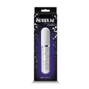 NS Novelties Stardust Charm Glass Vibrator White in stylish packaging, featuring a rechargeable design and sparkly accents.