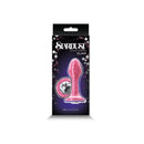 Stardust Glam Pink Borosilicate Glass Anal Plug in packaging with sparkling crystals and sleek design.