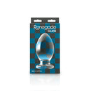 Renegade Glass Bishop Anal Plug Clear in packaging, showcasing its oversized design and crystal-clear finish.