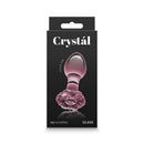 NS Novelties Crystal Flower Glass Anal Plug Pink packaging showcasing elegant design and decorative flower accent.