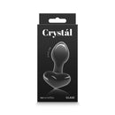 NS Novelties Crystal Heart Glass Anal Plug Black packaging showing sleek design and actual size.