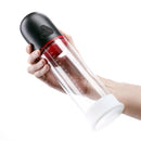 Renegade Bulge Vibrating Suction Pump Black held in hand, showcasing its clear body and control buttons.