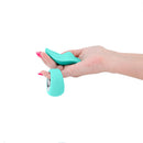 Sugar Pop Leila App Controlled Panty Vibrator Teal in hand with buttons for control.