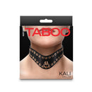 Hustler's Taboo Kali Collar Black packaging displaying elegant choker with golden studs and adjustable buckle.