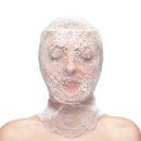 Hustler's Taboo Lace Hood White worn by a model, showcasing its delicate lace design for intimate play.