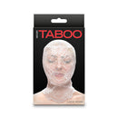 Hustler's Taboo Lace Hood White packaging featuring a model wearing the lace hood for sensual intimate play.