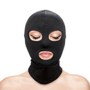Hustler's Taboo Eyes and Mouth Hood Black worn by a model, showcasing its sleek design and provocative style.
