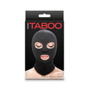 Hustler's Taboo Eyes and Mouth Hood Black packaging showcasing a model wearing the hood.