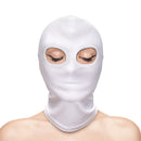 Hustler's Taboo Eyes Hood White worn by a model, featuring eye openings and smooth white fabric.