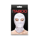 Hustler's Taboo Eyes Hood White packaging showcasing a full-coverage fetish hood with eye openings.