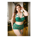 Nadine Bra & High Waisted Gartered Panty 3X/4X in green lace, featuring contour cups and high waist styling.