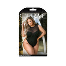 Fantasy Lingerie Raven High Neck Bodysuit 3X/4X model showcasing a sleek black bodysuit with mesh detailing.