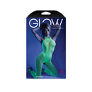 Moonbeam Bodystocking One Size Neon Green packaging showcasing a vibrant, crotchless fishnet design from Fantasy Lingerie.