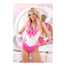 Fantasy Lingerie Cosplay With Me Costume Set M/L White Pink displayed by a model in a playful bodysuit with a cape.