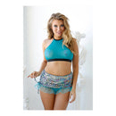 Beach Please Mermaid Costume Set L/XL Teal featuring high neck halter top and ruched side tie skirt.