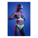 Persuasive Open Cup Bra and Panty Set M/L Neon Green displayed on model under neon lights.