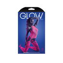 Glow Captivating Halter Bodystocking and G-String Neon Pink packaging showcasing a model in vivid neon pink lingerie.