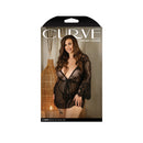 Fantasy Lingerie Carrie Lace Robe and Panty Set 3X/4X Black displayed on a model in a stylish setting.
