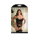 Parker Gartered Bustier and Panty Set 1X/2X Black displayed on model with lace and mesh detailing.