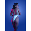 Fantasy Lingerie Prismatic Cutout Bodysuit S M featuring an adjustable harness and iridescent fabric.