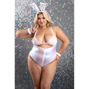 Bunny Hills 5 Piece Bunny Costume Set 1X/2X White featuring an iridescent bodysuit and bunny ears on curvy model.