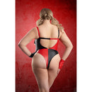 Wild Card 3pc Jester Costume Set 3x/4x featuring a back view of a colorblock bodysuit with gloves.