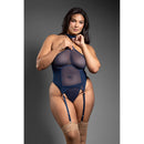 Gartered Bustier and Panty Queen Size Navy on a model, highlighting sheer mesh and flattering fit for curvy figures.