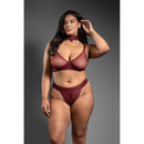 Convertible Bra Panty and Leash Set Queen Size Burgundy modeled by a curvy figure, showcasing sheer mesh and faux leather.