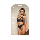 Pearl Bralette and Crotchless Panty Set L/XL Black displayed on a model, featuring intricate lace and pearl detailing.