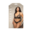 Pearl Bralette and Crotchless Panty Queen Size Black by Fantasy Lingerie displayed on packaging.