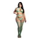 Heart Of Glass 3pc Gartered Stockings Set Queen Size displayed on a model in soft seaglass green lace knit.
