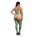 Heart Of Glass 3pc Gartered Stockings Set Queen Size showcasing a model in seaglass green lace knit gartered stockings and halter top.