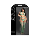 Heart Of Glass 3pc Gartered Stockings Set Queen Size displayed on model in soft seaglass green lace knit for fuller curves.