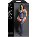 All Yours Bodystocking and G-String Queen Size Blue on model, showcasing sheer halter design and flattering fit.