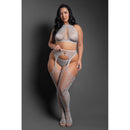 Most Wanted 3 Piece Gartered Stockings Set Queen Size Gray features a model in a gray floral knit halter top, g-string, and stockings.
