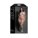 Most Wanted 3 Piece Gartered Stockings Set Queen Size Gray model wearing the set showcased in packaging.