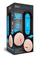 ZOLO Pleasure Pill Mouth and Anal Masturbator Black Blue packaging showing dual openings and vibration modes.