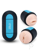 ZOLO Pleasure Pill Mouth and Anal Masturbator Black Blue with dual openings for innovative stimulation.