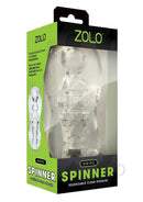 ZOLO Gripz Spinner Stroker Masturbator Clear in packaging showcasing its unique design and textured interior.
